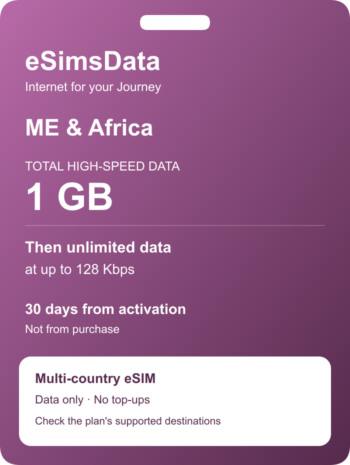eSIM ME & Africa — 1 GB + unlimited at 128 Kbps, 30 days