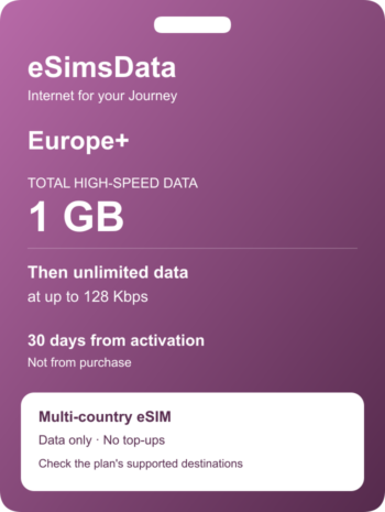 eSIM Europe+ — 1 GB + unlimited at 128 Kbps, 30 days