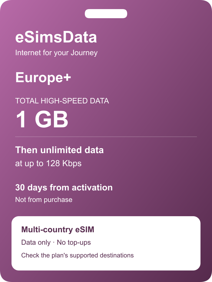 eSIM Europe+ — 1 GB + unlimited at 128 Kbps, 30 days