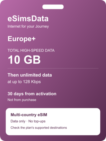 eSIM Europe+ — 10 GB + unlimited at 128 Kbps, 30 days