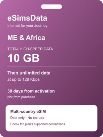 eSIM ME & Africa — 10 GB + unlimited at 128 Kbps, 30 days